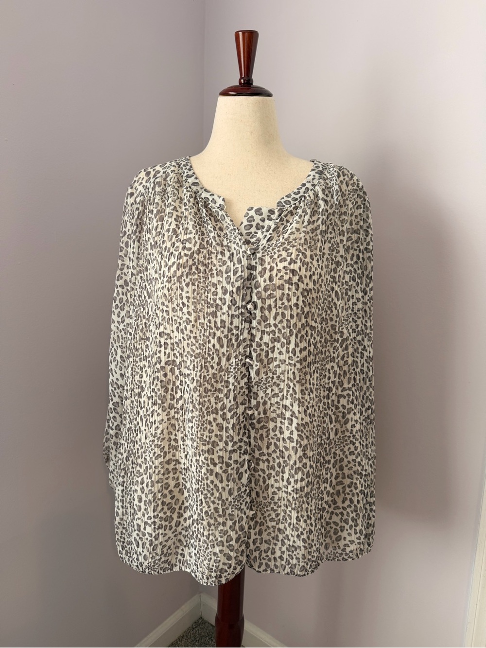 Lane Bryant White and Gray Leopard Print Button-Front Blouse
